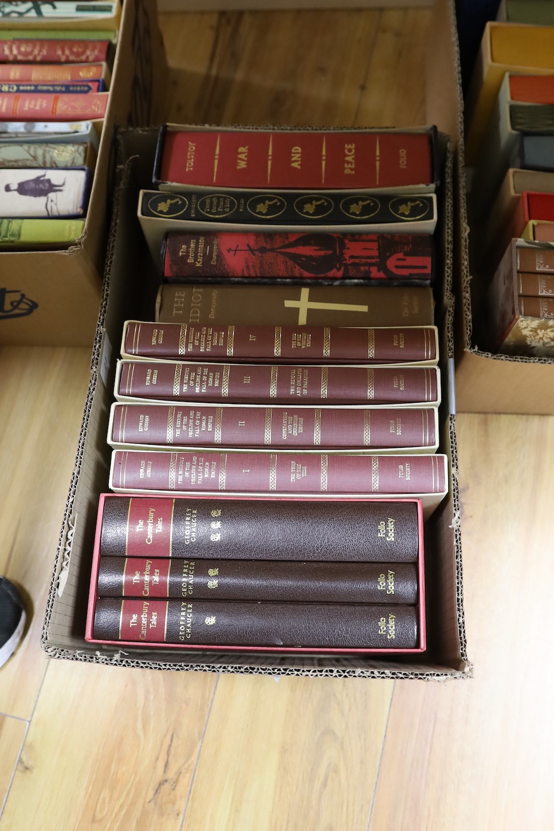 Folio Society - a collection of approximately 45 classics, to include Graham Greene, Canterbury Tales, etc., mostly mint, in slip cases, in five boxes